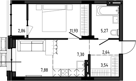Планировка 2е-к.кв 38.56 м² в ЖК «Ясный Берег»