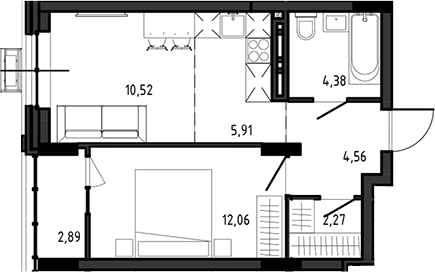 Планировка 2е-к.кв 39.70 м² в ЖК «Ясный Берег»