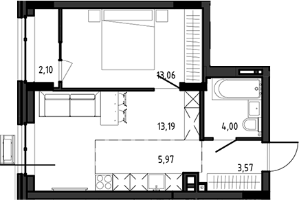 Планировка 2е-к.кв 39.79 м² в ЖК «Ясный Берег»