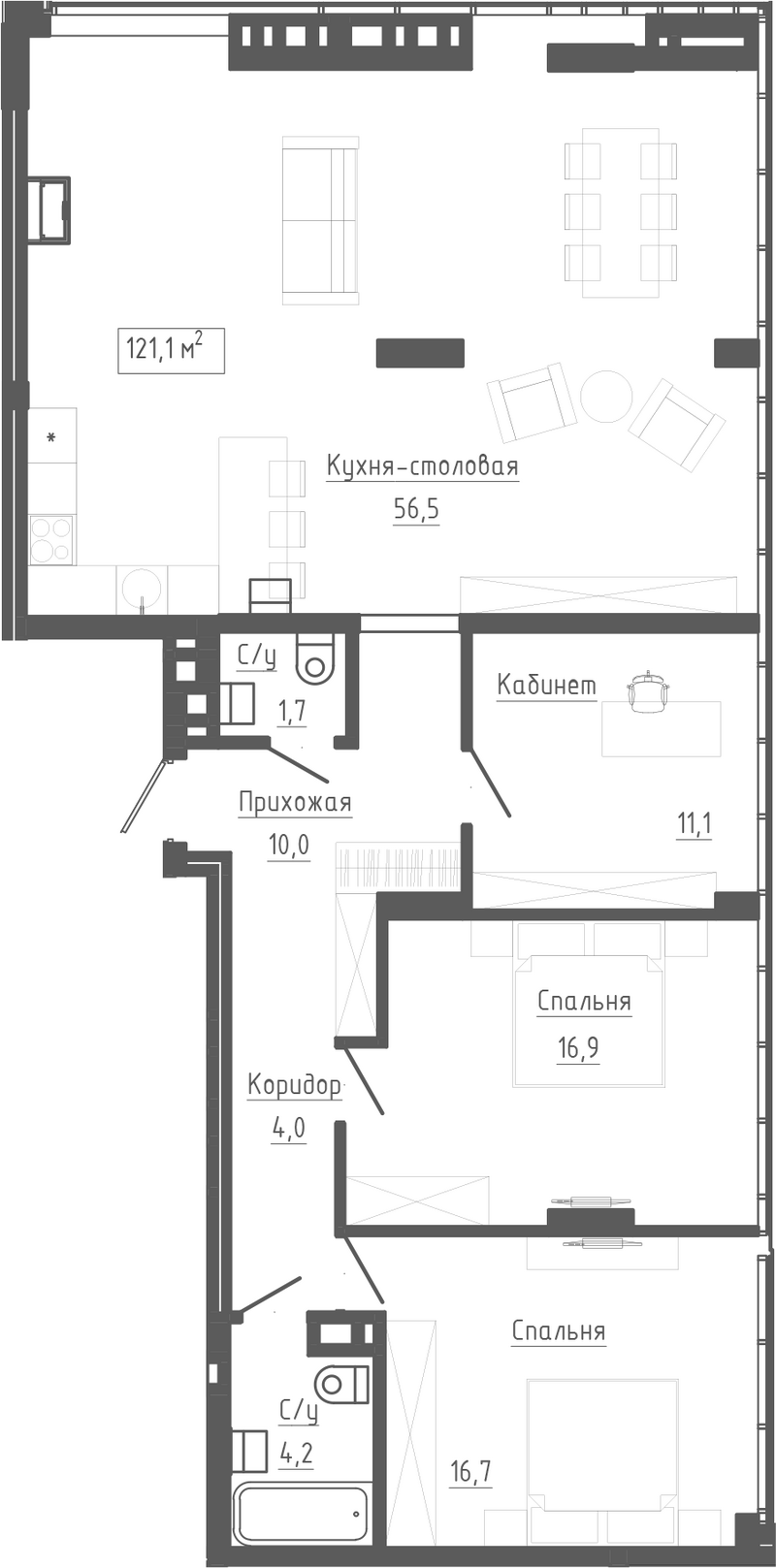 Планировка 4е-к.кв 121.10 м² в ЖК «Клубный комплекс Маяковский»