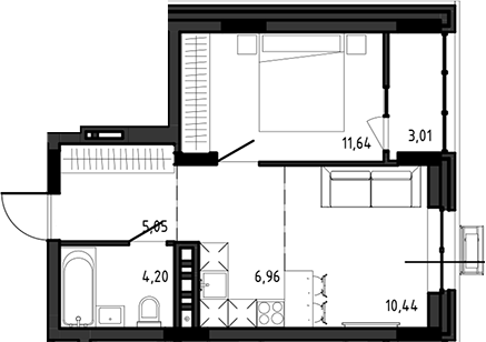 Планировка 2е-к.кв 38.29 м² в ЖК «Ясный Берег»