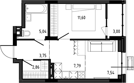 Планировка 2е-к.кв 38.58 м² в ЖК «Ясный Берег»
