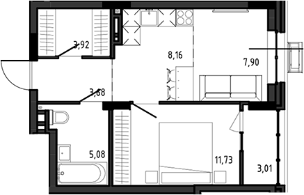 Планировка 2е-к.кв 40.47 м² в ЖК «Ясный Берег»