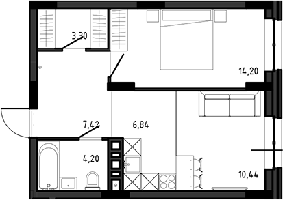 Планировка 2е-к.кв 51.70 м² в ЖК «Ясный Берег»