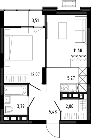 Планировка 2е-к.кв 40.95 м² в ЖК «Ясный Берег»