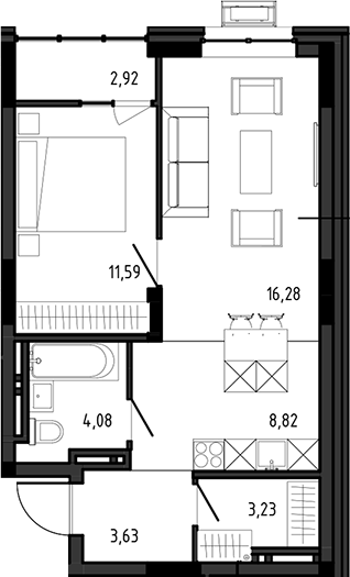 Планировка 2е-к.кв 47.63 м² в ЖК «Ясный Берег»