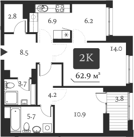 Планировка 2-к.кв 64.80 м² в ЖК «Нобель»