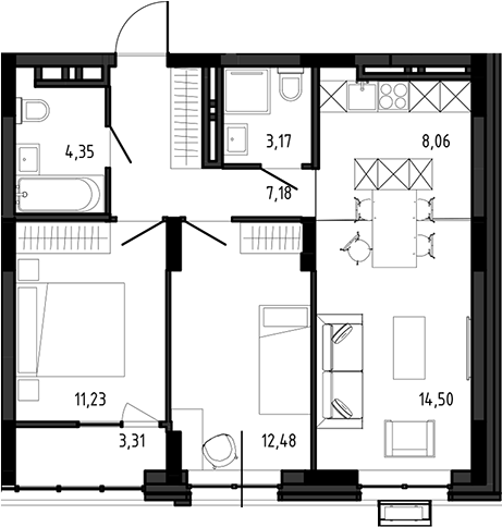 Планировка 3е-к.кв 60.97 м² в ЖК «Ясный Берег»
