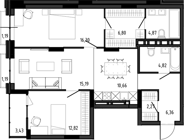 Планировка 3е-к.кв 80.09 м² в ЖК «Ясный Берег»