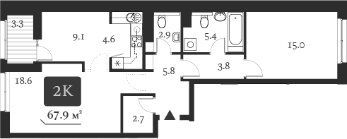 Планировка 2-к.кв 68.45 м² в ЖК «Нобель»