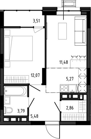 Планировка 2е-к.кв 40.95 м² в ЖК «Ясный Берег»