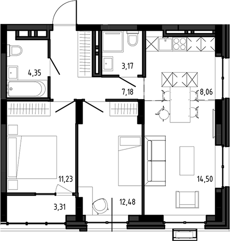 Планировка 3е-к.кв 60.97 м² в ЖК «Ясный Берег»