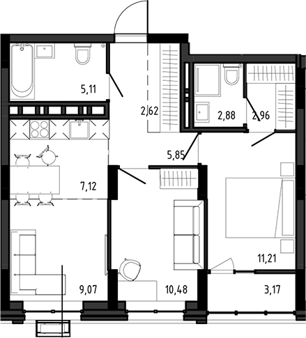 Планировка 3е-к.кв 57.30 м² в ЖК «Ясный Берег»