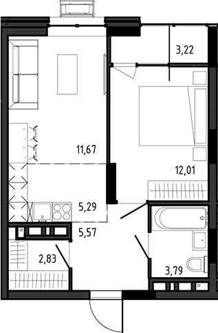 Планировка 2е-к.кв 41.16 м² в ЖК «Ясный Берег»