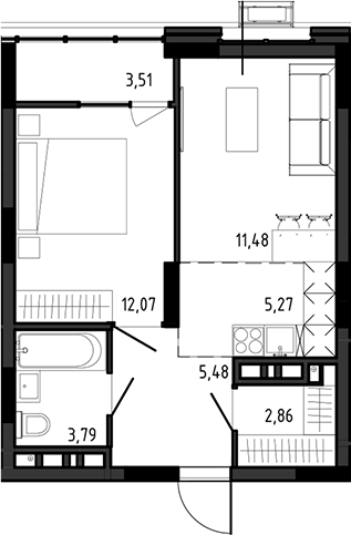 Планировка 2е-к.кв 40.95 м² в ЖК «Ясный Берег»