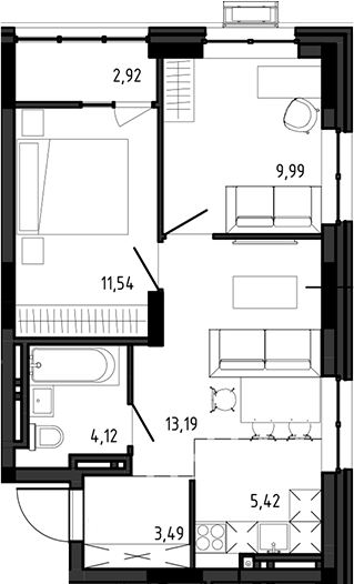Планировка 3е-к.кв 47.75 м² в ЖК «Ясный Берег»