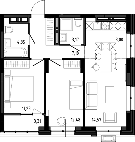 Планировка 3е-к.кв 60.98 м² в ЖК «Ясный Берег»