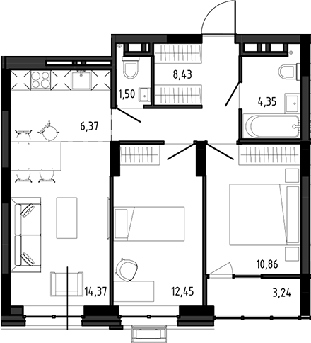 Планировка 3е-к.кв 58.33 м² в ЖК «Ясный Берег»