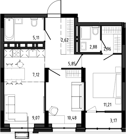 Планировка 3е-к.кв 57.30 м² в ЖК «Ясный Берег»