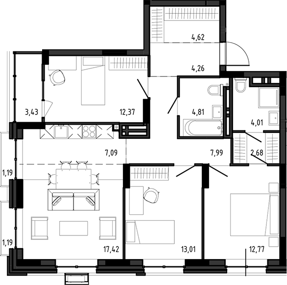 Планировка 4е-к.кв 91.03 м² в ЖК «Ясный Берег»