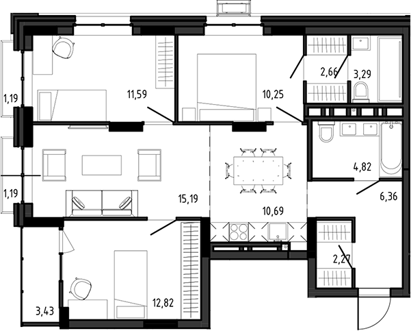 Планировка 4е-к.кв 79.94 м² в ЖК «Ясный Берег»