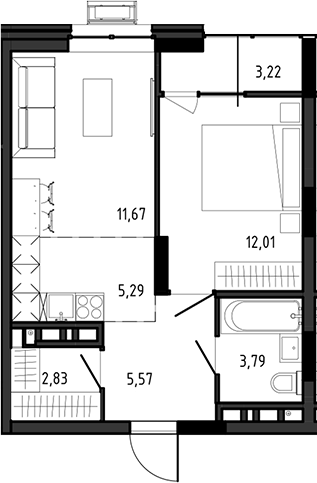 Планировка 2е-к.кв 41.16 м² в ЖК «Ясный Берег»