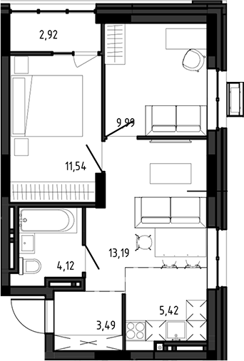 Планировка 3е-к.кв 47.75 м² в ЖК «Ясный Берег»