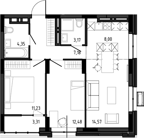 Планировка 3е-к.кв 60.98 м² в ЖК «Ясный Берег»