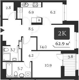 Планировка 2-к.кв 64.10 м² в ЖК «Нобель»