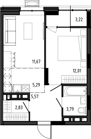 Планировка 2е-к.кв 41.16 м² в ЖК «Ясный Берег»