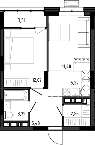 Планировка 2е-к.кв 40.95 м² в ЖК «Ясный Берег»
