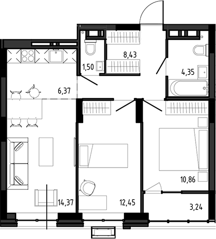 Планировка 3е-к.кв 58.33 м² в ЖК «Ясный Берег»