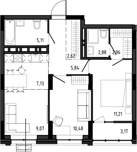 Планировка 3е-к.кв 57.30 м² в ЖК «Ясный Берег»