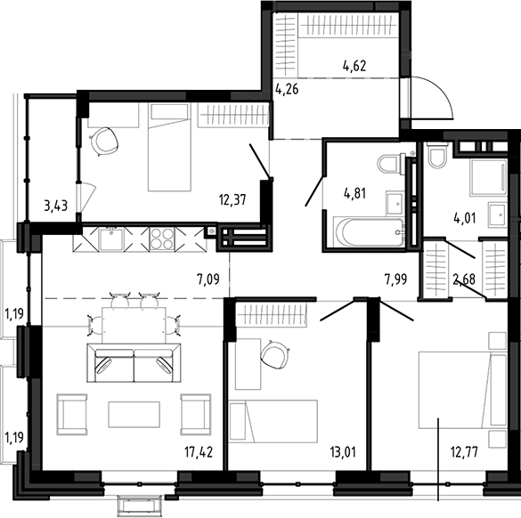 Планировка 4е-к.кв 91.03 м² в ЖК «Ясный Берег»