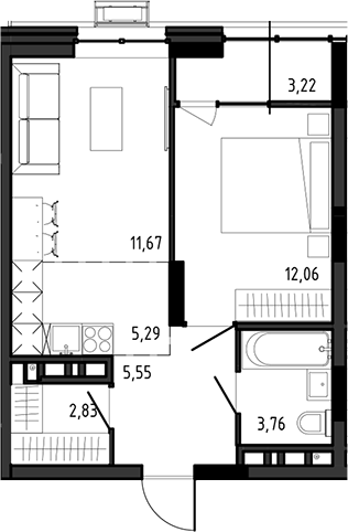 Планировка 2е-к.кв 41.16 м² в ЖК «Ясный Берег»