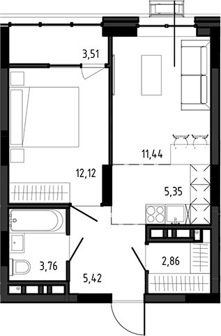 Планировка 2е-к.кв 40.95 м² в ЖК «Ясный Берег»