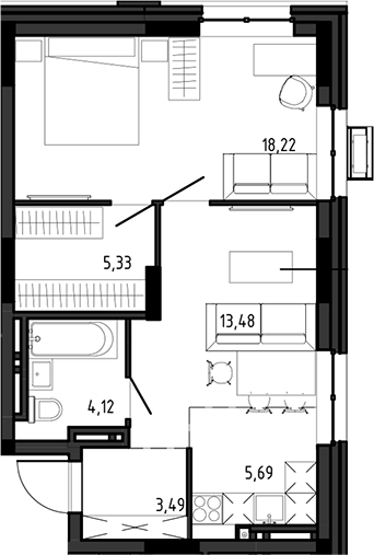 Планировка 2е-к.кв 50.33 м² в ЖК «Ясный Берег»