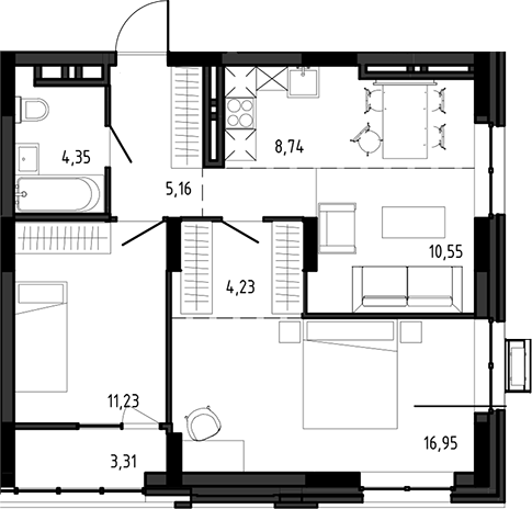 Планировка 3е-к.кв 61.21 м² в ЖК «Ясный Берег»