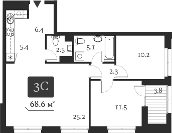 Планировка 3е-к.кв 70.50 м² в ЖК «Нобель»