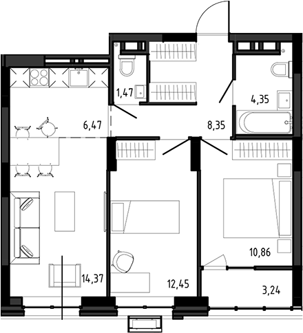 Планировка 3е-к.кв 58.32 м² в ЖК «Ясный Берег»