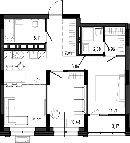 Планировка 3е-к.кв 57.30 м² в ЖК «Ясный Берег»