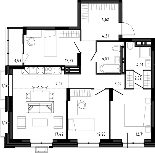Планировка 4е-к.кв 90.98 м² в ЖК «Ясный Берег»