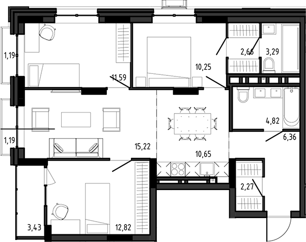 Планировка 4е-к.кв 79.93 м² в ЖК «Ясный Берег»
