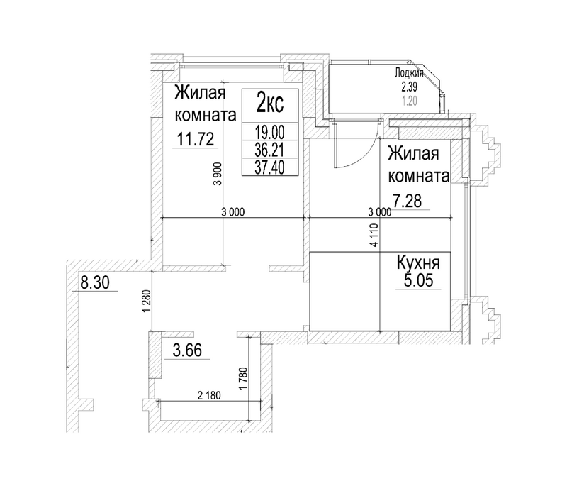 Планировка 2е-к.кв 36.20 м² в ЖК «Чернышевский»