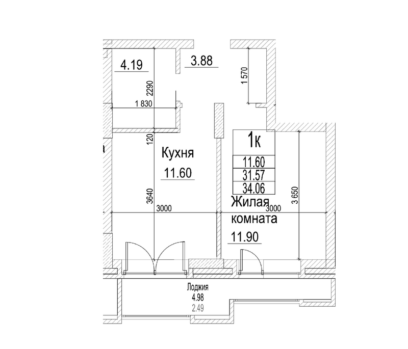 Планировка 1-к.кв 31.57 м² в ЖК «Чернышевский»
