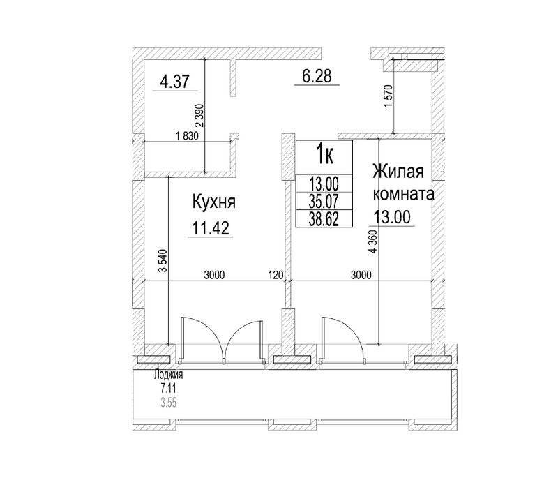 Планировка 1-к.кв 35.07 м² в ЖК «Чернышевский»