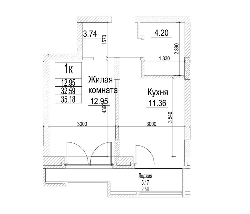 Планировка 1-к.кв 32.59 м² в ЖК «Чернышевский»