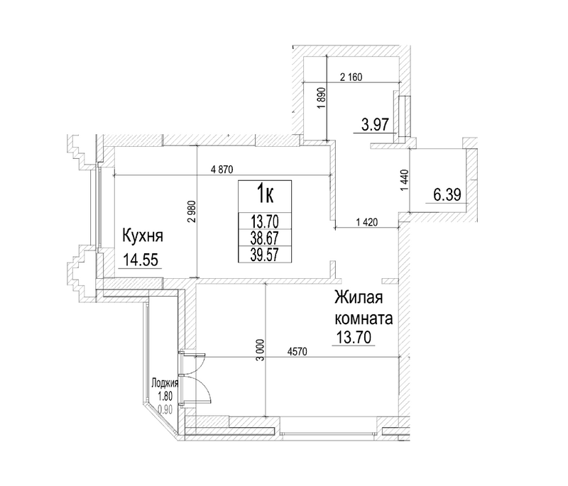 Планировка 1-к.кв 38.67 м² в ЖК «Чернышевский»