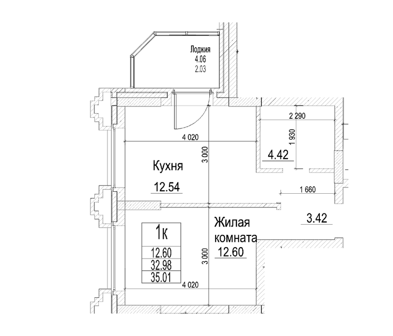 Планировка 1-к.кв 32.98 м² в ЖК «Чернышевский»