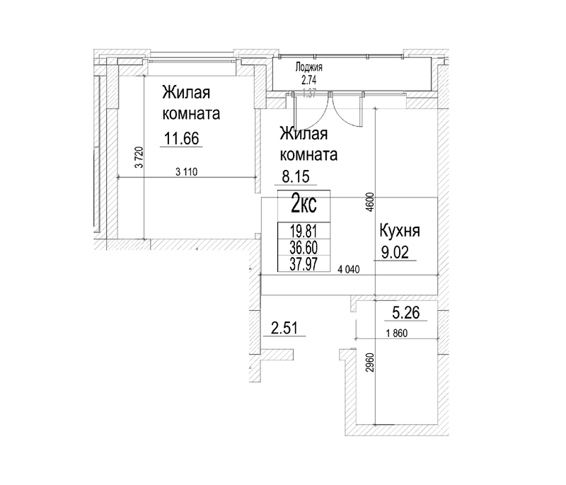 Планировка 2е-к.кв 36.60 м² в ЖК «Чернышевский»